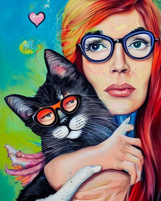 Prompt: a painting of a woman with glasses holding a cat, a pop art painting by sandra chevrier, mahmoud farshchian, rhads, lisa frank, clint cearley, organic acrylic flow art, featured on deviantart, psychedelic fractal art, acrylic art, watercolor, psychedelic