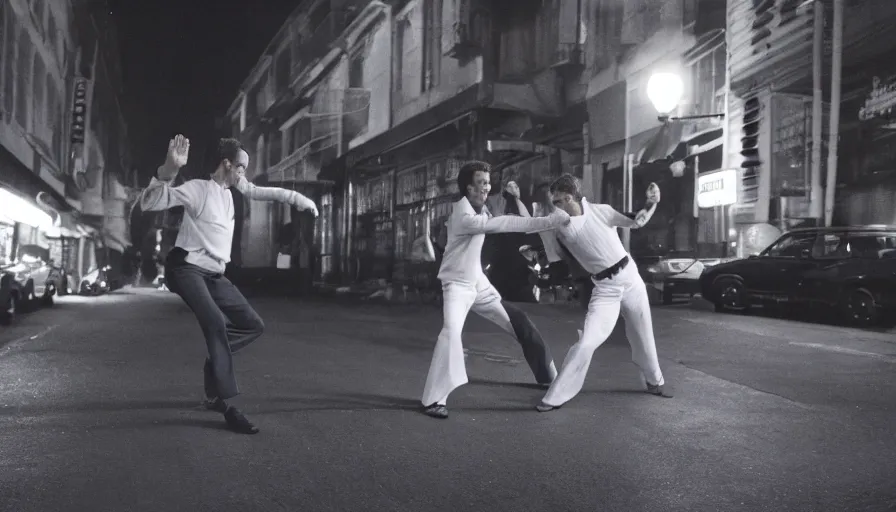 Prompt: 70s movie still of Nicolas Sarkozy and Emmanuel Macron fighting kung-fu , cinestill 800t 18mm heavy grain, cinematic, dramatic dark lighning, brooklyn at night neon boards