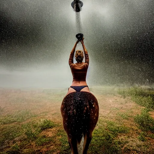 Image similar to 4 k hdr wide angle detailed portrait of a beautiful instagram model woman showering riding mounted on top of a wild deer in a rain shower during a storm with thunder clouds overhead and moody stormy lighting sony a 7