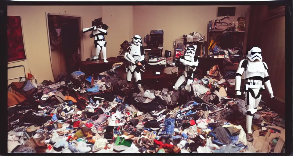 Prompt: Polaroid photo, cinematic tone, stormtroopers collapsed in a cluttered room, 80's America, liquor bottles and clothes scattered on the floor