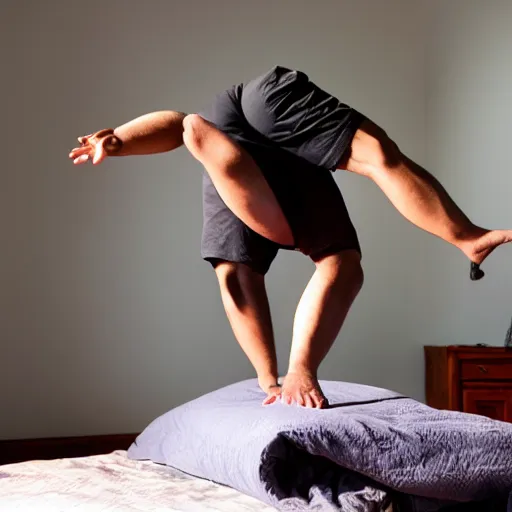 Prompt: a man doing a somersault on the bed
