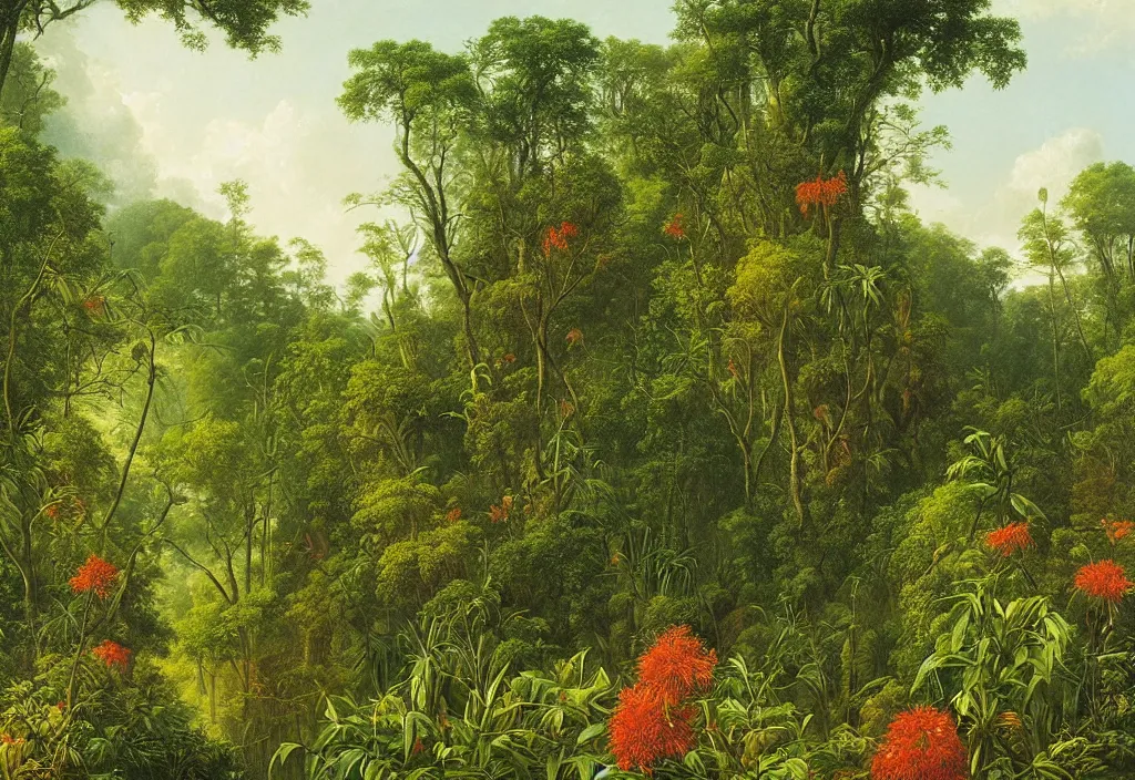 Prompt: a detailed botanical landscape painting of a flowering plant in the forest jungle, painting by martin johnson heade, many wild flowers, strange birds, high humidity rainforest weather