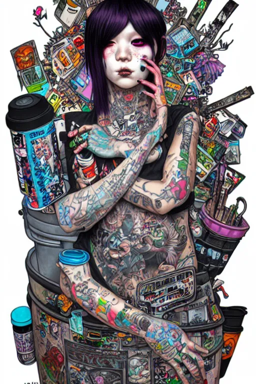 Prompt: full view, from a distance, of anthropomorphic trashcan full of trash, who is cyberpunk girl with tattoos, style of yoshii chie and hikari shimoda and martine johanna, highly detailed