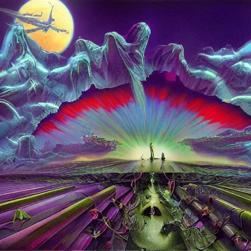 Image similar to Vampire traveling through a beautiful psychedelic world, illustrated by Jim Burns