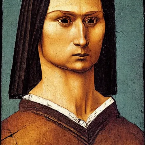 Prompt: Portrait of a medieval nobleman, tan skin and brown hair, clean shaven, big nosed with many scars. by leonardo da vinci