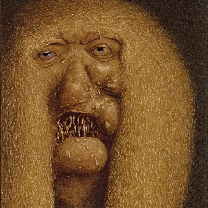 Image similar to close up portrait of a mutant monster creature with cheeks covered in purulent pustules, pimples at different stages, some fresh, some bursting with a whitish fluid ; pleasant, flirty eyes ; teeth lining up the exterior of the mandible, long hair growing out of the nostrils. jan van eyck, audubon