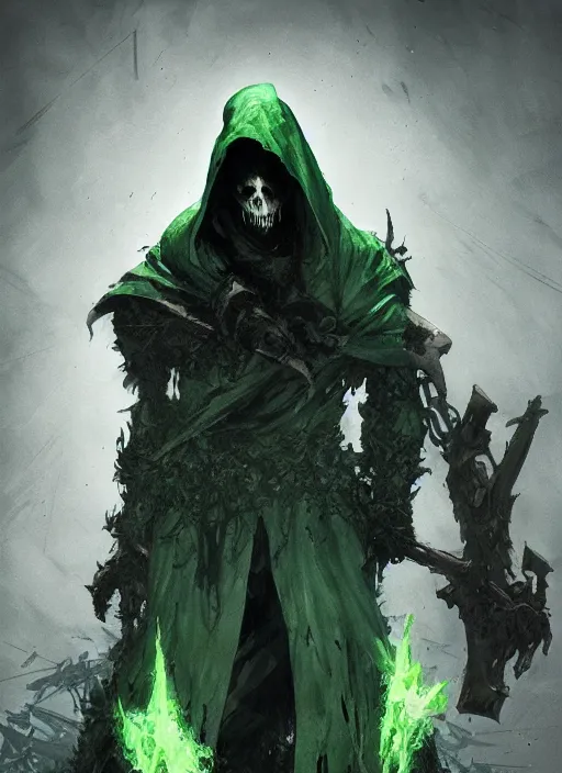 Prompt: Reaper, rotting commander of the undead in soiled green hooded robe. In style of Yoji Shinkawa and Hyung-tae Kim, trending on ArtStation, dark fantasy, great composition, concept art, highly detailed, dynamic pose.