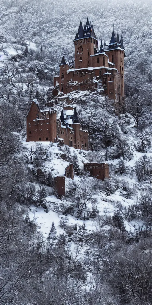 Image similar to a abandoned castle on the top of a snowy mountain, 8 k, shallow depth of field, intricate detail, concept art,