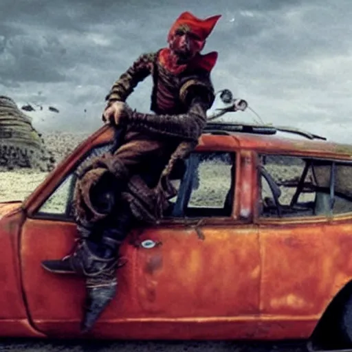 Prompt: a garden gnome hanging off the back of a car in mad max,