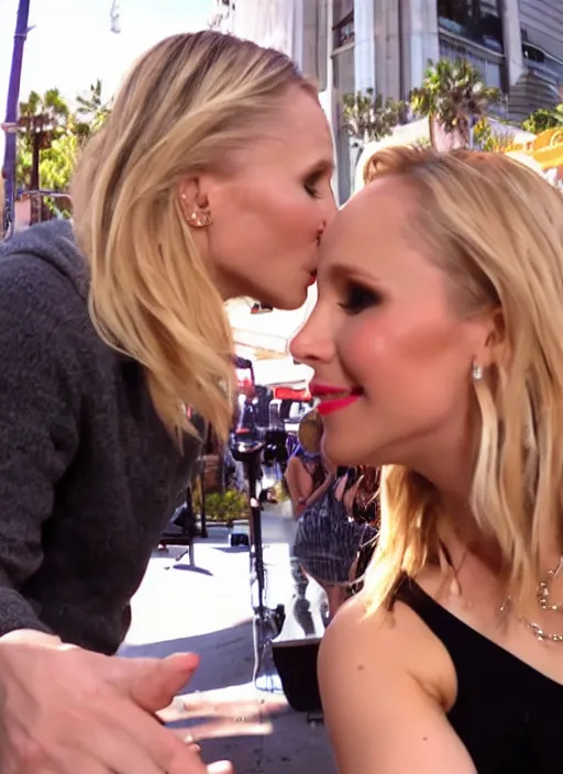 Image similar to pov, first - person - view, cameras's pov of a date with kristen bell, kristen is going for a kiss to the camera's pov