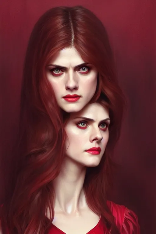 Image similar to alexandra daddario as scarlett witch cosplay, realistic portrait, symmetrical, highly detailed, digital painting, artstation, concept art, smooth, sharp focus, illustration, cinematic lighting, art by artgerm and greg rutkowski and alphonse mucha