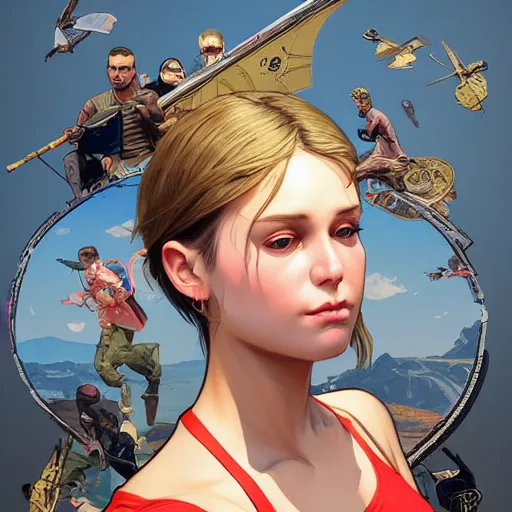 Prompt: Kyrsten Ritter as GTA V Art Cover, highly detailed, digital painting, artstation, concept art, smooth, sharp focus, illustration, ArtStation, art by artgerm and greg rutkowski and alphonse mucha and J. C. Leyendecker and Edmund Blair Leighton and Katsuhiro Otomo and Geof Darrow and Phil hale and Ashley wood and Ilya repin and Charlie Bowater