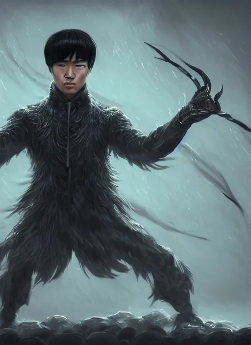 Prompt: a highly detailed illustration of fierce korean man with bowl cut black hair wearing tie with giant black claws, wielding giant black fog claws pose, foggy lovecraftian black mist surrounding background, perfect face, intricate, elegant, highly detailed, centered, digital painting, artstation, concept art, smooth, sharp focus, league of legends concept art, wlop.