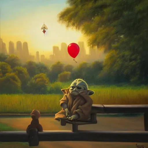 Prompt: eye - level view, shot from 5 0 feet distance, baby yoda plays is on a seesaw at a tranquil city park. a balloon vender sells balloons in the background. depth, dramatic clouds, setting sun. golden hour, oil on canvas painting, detailed, depth, volume, chiaroscuro, quiet intensity, serene.