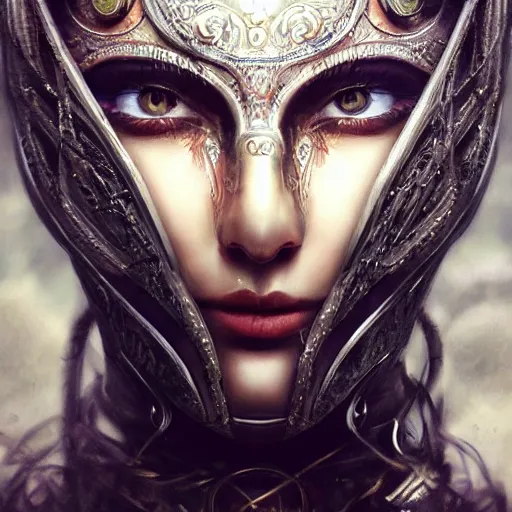 Image similar to Very very very very highly detailed epic photo of face with venetian mask, intricate, dystopian, sci-fi, extremely detailed, digital painting, artstation, concept art, smooth, sharp focus, illustration, intimidating lighting, incredible art by Artgerm and Anton Pieck