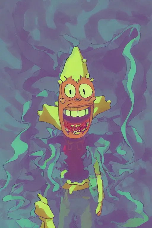 Prompt: concept art painting of a demonic possessed spongebob, moody vibe, moody lighting, artgerm, moebius, inio asano, toon shading, cel shading, calm, tranquil, vaporwave colors,