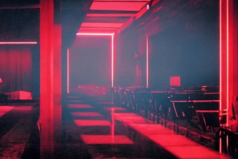 Image similar to a dark conference hall, half - full with people, atmospheric and obscure, red neon light, by roger deakins, cinematography, syd mead