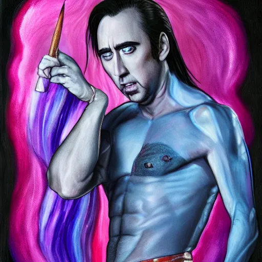 Image similar to nic cage as twilight sparkle, buff, painted portrait, highly detailed,