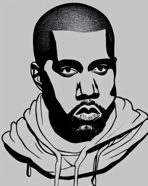 Image similar to Manga black-and-white comic book cross-hatching illustration of Kanye West on black background, fading in to the black background, darkness surrounding his body