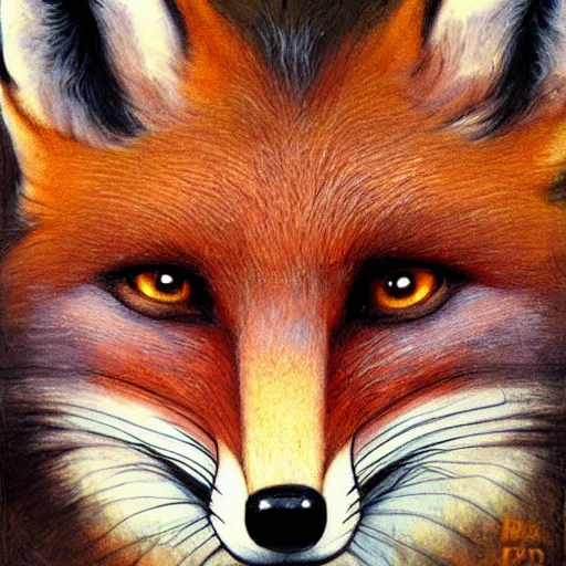 Image similar to realistic detailed face portrait of a fox detective by emilia dziubak, will terry, greg olsen, chris mars, ann long, and mark brooks, fairytale, female, feminine, art nouveau, illustration, character concept design, storybook layout, story board format