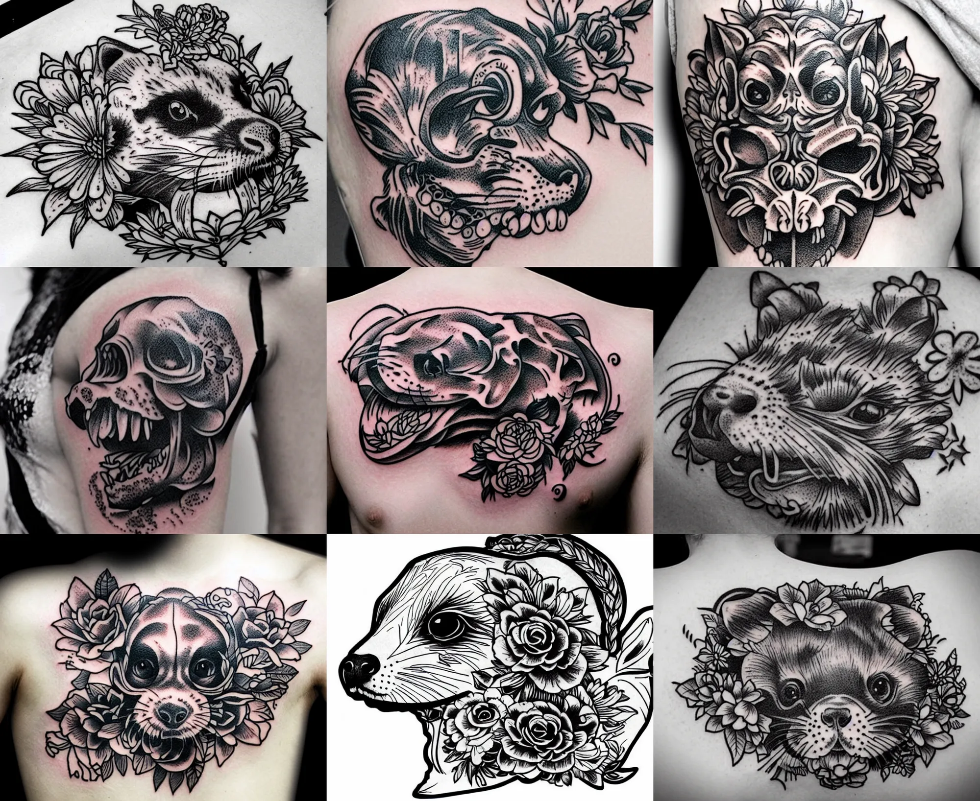 Image similar to detailed amazing tattoo stencil of a floral ferret crawling on a human skull