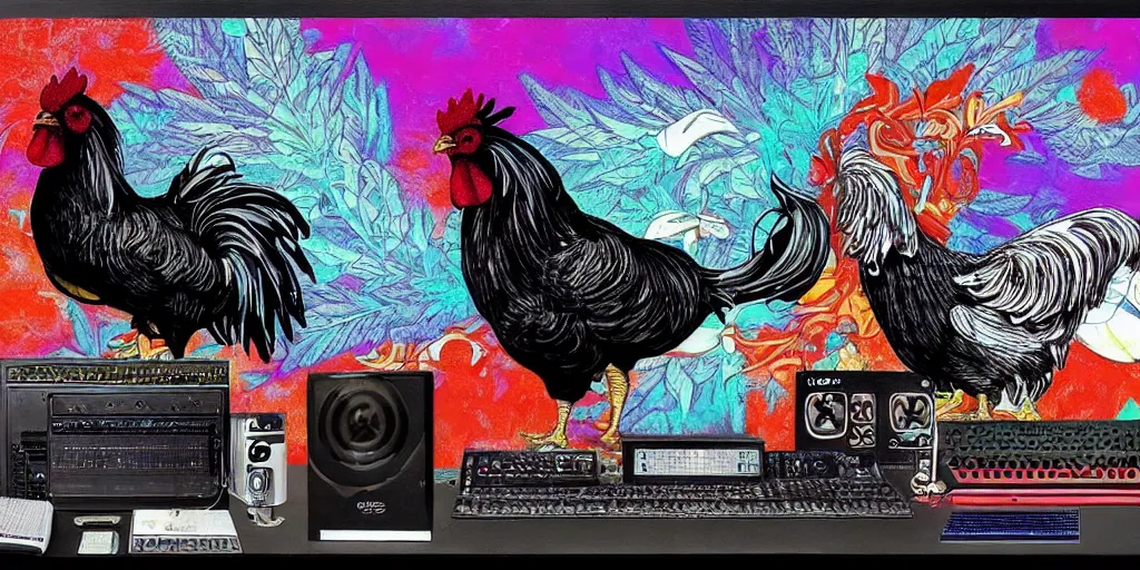 Image similar to 'black rooster'!!! smoking 'cannabis'!!!!!! in front of 'audio console'!!!! and 'pc masterrace RGB custom build'!!!!! 'multi monitors and projectors'!!!! 'in a hi-tech tv broadcasting studio with red camera rig'!!!!, artwork by James Gilleard