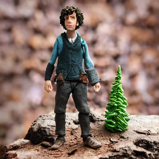 Prompt: high - res photograph of a claymation sculpture action figure hipster frodo, highly detailed sculpey diorama, forest setting, waterfall backdrop, smooth, sharp foccus, commercial product photography,