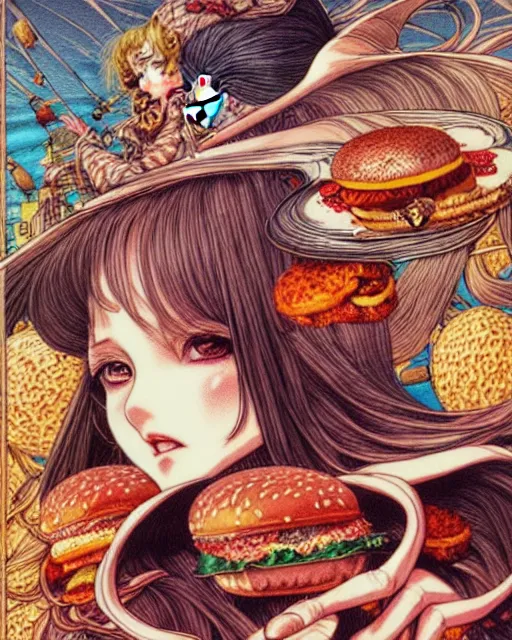 Prompt: hyper detailed illustration of a witch with a hamburger, intricate linework, lighting poster by moebius, ayami kojima, 9 0's anime, retro fantasy