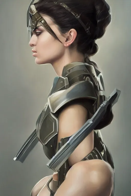 Image similar to a professionally painted portrait of an attractive young woman, clothed in military armor, olive skin, long dark hair, beautiful bone structure, symmetrical facial features, intricate, elegant, digital painting, trending on Artstation, concept art, smooth, sharp focus, illustration, from Metal Gear by Ruan Jia and Mandy Jurgens and Artgerm and William-Adolphe Bouguerea, award winning