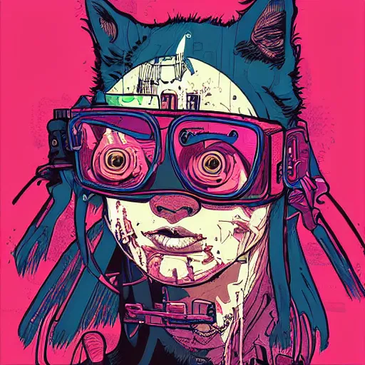 Prompt: cyberpunk cat cyborg portrait illustration, pop art, splash painting, art by geof darrow, ashley wood, alphonse mucha, makoto shinkai