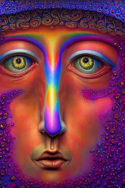 Image similar to hyperrealistic abstract close-up Renaissance psychedelic!! celestial happy! pure creature!! peaceful! kind spirit of nature! beautiful fractal!! eyes! highly detailed concept art eric zener elson peter cinematic hard rainbow lighting high angle hd 8k sharp shallow depth of field endless, inspired by Zdzisław Beksiński Salvador Dali