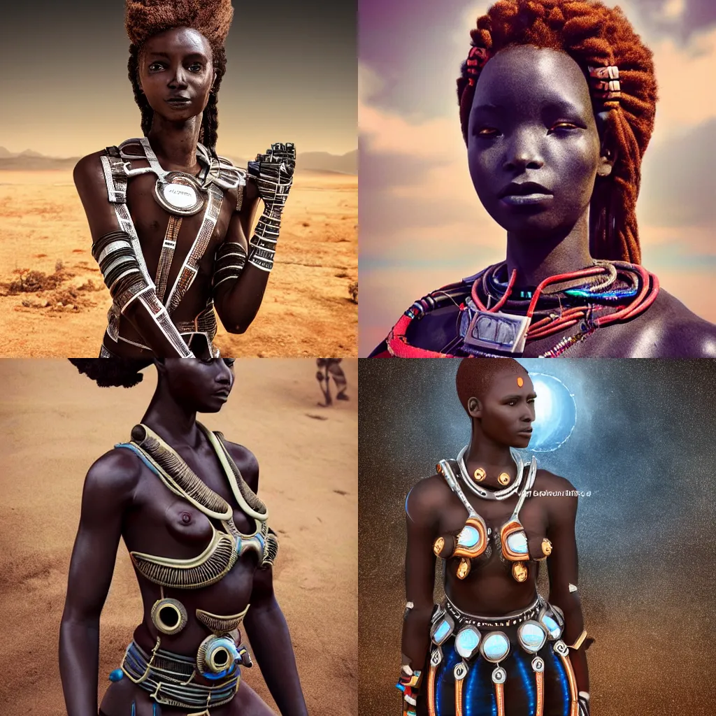 Image similar to beautiful afrofuturistic himba women, otjize, led detailed spacesuit, himba hairstyle, robotic arms, hyperrealistic, scifi, retouched photograph, dark, muted colors