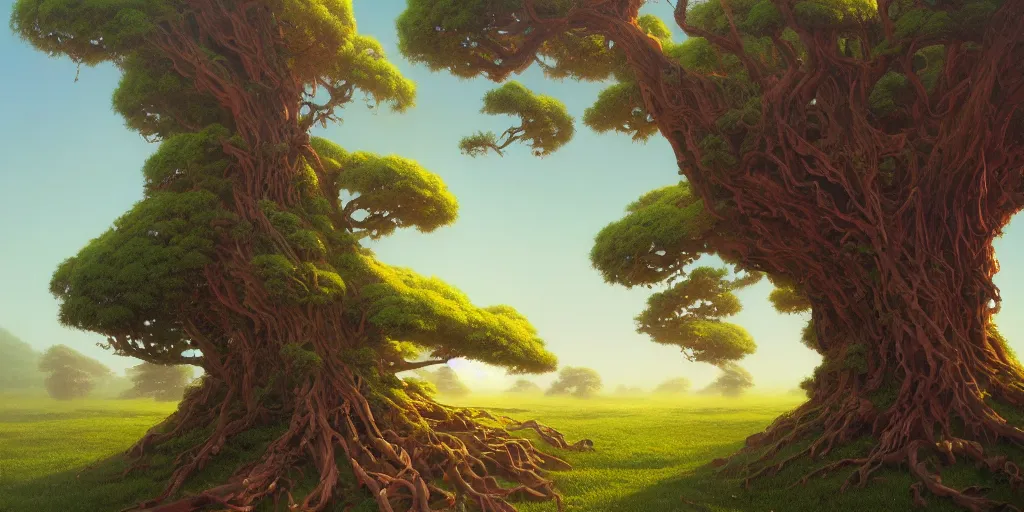 Prompt: a tree, highly detailed oil painting, rhads, Bruce Pennington, Studio Ghibli, tim hildebrandt, digital art, octane render, beautiful composition, trending on artstation, award-winning photograph, masterpiece