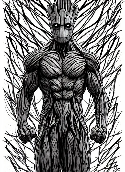 Image similar to symmetry concpet art, full shot, traditional ink, sketch, of groot, line sketch, intricate, elegant, highly detailed, monochrome, digital painting, artstation, concept art, sharp focus, illustration, art by borderlands 3 and peter polach