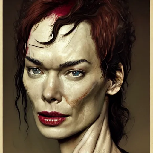 Image similar to color head portrait of lena headey promoting a skin care product as a zombie, 7 days to die zombie, gritty background, fine art, award winning, intricate, elegant, sharp focus, cinematic lighting, digital painting, 8 k concept art, art by michael hussar, art by brom, art by guweiz and z. w. gu, 8 k