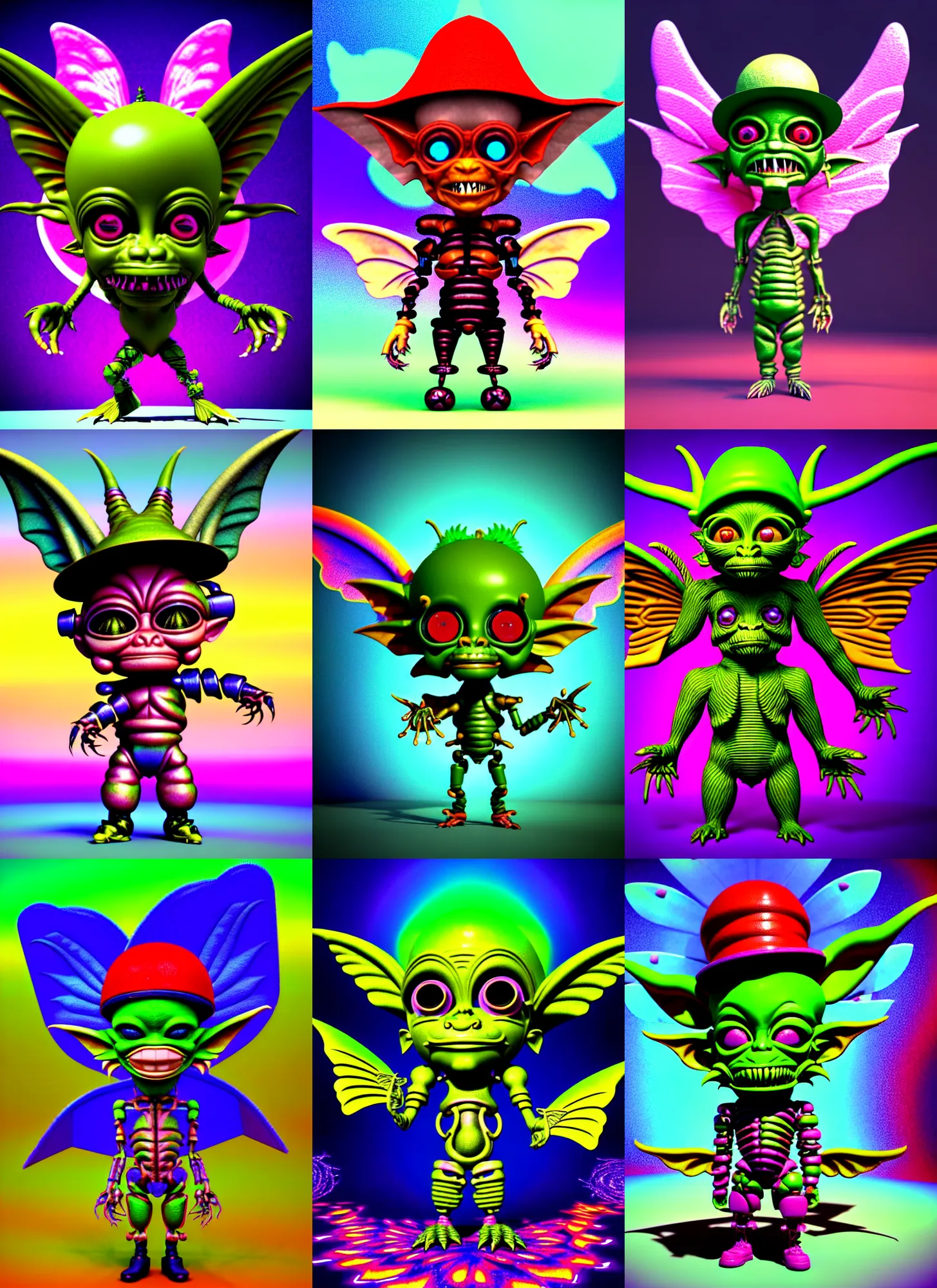 Prompt: vintage cgi 3 d render of chibi cyborg goblin in the style of micha klein and ichiro tanida a big wizard hat and wearing angel wings against a psychedelic swirly background with 3 d butterflies and 3 d flowers n the style of 1 9 9 0's cgi graphics 3 d rendered y 2 k aesthetic by micha klein