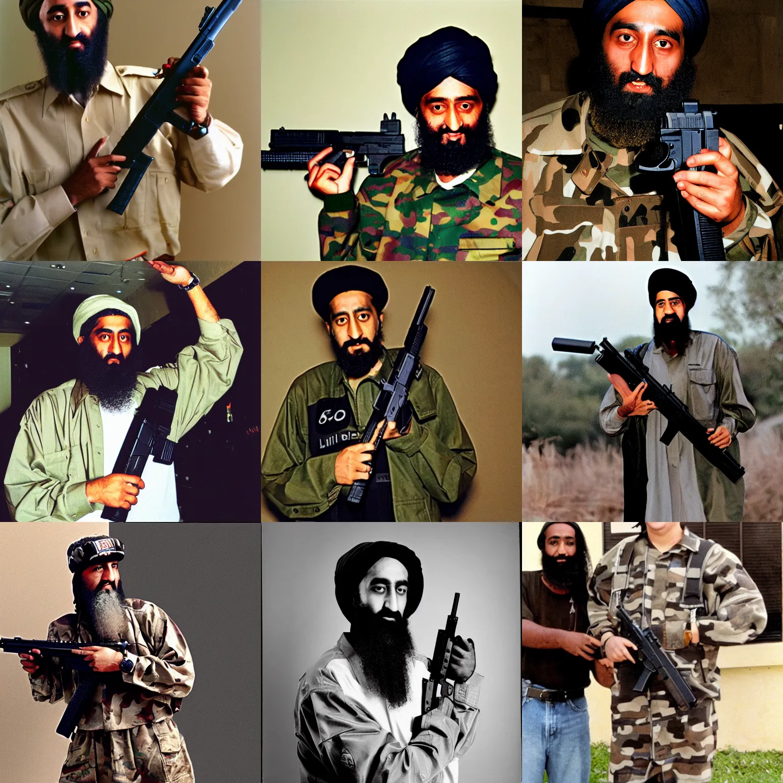 Prompt: 35mm professional photograph of osama bin laden wearing 90s hiphop clothes holding up a glock19 chambered in .50 cal
