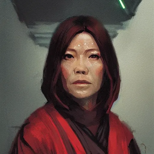 Image similar to portrait of a woman by greg rutkowski, jedi queen, half asian, black bob hair, star wars expanded universe, she is about 5 0 years old, wearing jedi red robes.