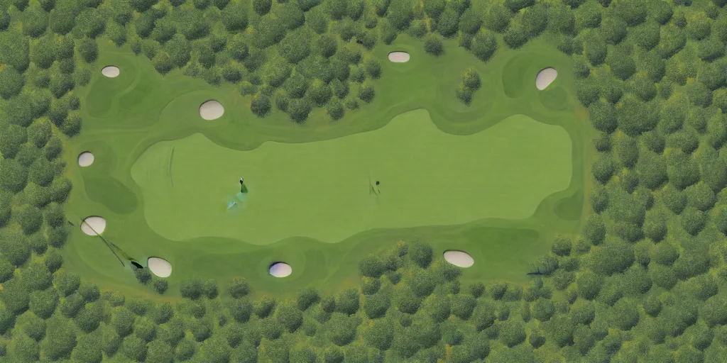 Prompt: top down oil painting of a 18 hole golf course layout, there is water all around, many bushes and trees, minimalistic, flat, high res