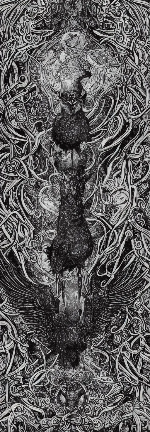 Image similar to psychedelic, monochrome artwork!!, raven, deer, in front of an owl that is a window into the ocean, typography by hr giger and james jean and andreas rocha,