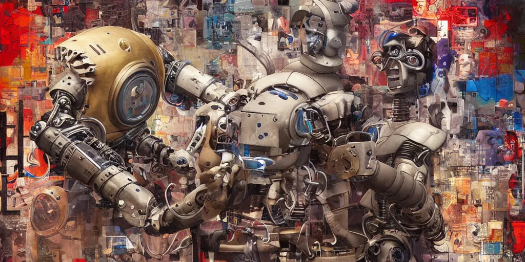 Prompt: digital painting of a robot doing mixed martial arts, by michael whelan, highly detailed, steampunk, collage of styles, mix of styles, intricate, ghost in the shell color scheme, mma, boxing, kickboxing, masterpiece, golden ratio