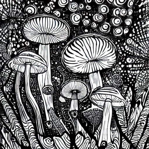 Prompt: a black and white psychedelic light art ink drawing, mushrooms, eyes, flying objects, intricate and detailed