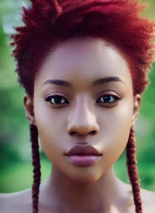 Prompt: beautiful portrait, ( ( head shot ) ), brown skin, sharp focus, ffxiv, neo classic, red hair, bloom, movie still, dogi, sony, symmetrical, makeup, sephora, loreal, green highlights, lens flare, studio light, octane render, maybelline, model, forest, traditional, vsco, bokeh, 8 k