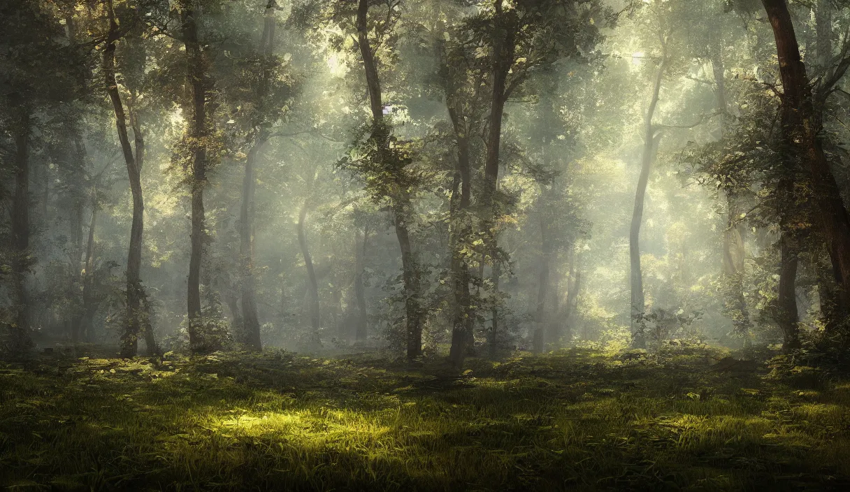 Image similar to a beautiful painting of a clearing in a forest, cinematic angle, movie concept, trending on artstation, octane render, 8 k, ultra high detail