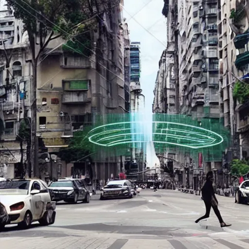 Prompt: Buenos Aires, futuristic, flying cars, futuristic hologram screens in the street