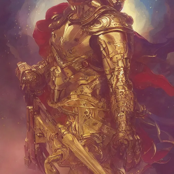 Image similar to gatot kaca as super heroes, closed up portrait, highly detailed, gold filigree, fantasy, soft cinematic lighting, award, disney concept art, watercolor illustration by mandy jurgens and alphonse mucha and alena aenami, pastel color palette, featured on artstation