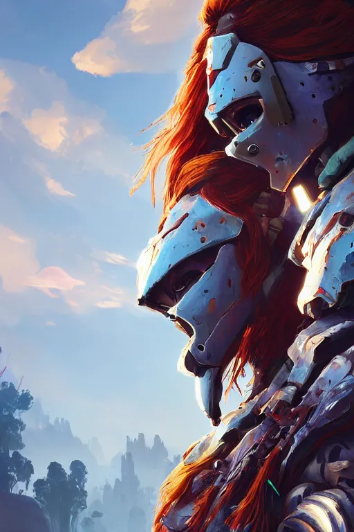 Image similar to combination suit armor aloy horizon forbidden west horizon zero dawn radiating a glowing aura global illumination ray tracing hdr fanart arstation by ian pesty and alena aenami artworks in 4 k tribal robot ninja mask helmet backpack