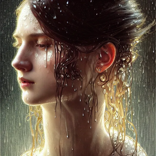 Image similar to bright portrait rain on face and wet hair, overhead lighting, fantasy, intricate, elegant, dramatic lighting, highly detailed, lifelike, photorealistic, digital painting, artstation, illustration, concept art, smooth, sharp focus, art by John Collier and Albert Aublet and Krenz Cushart and Artem Demura and Alphonse Mucha