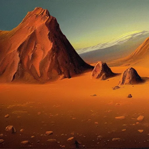 Image similar to oil painting, view from the surface of mars of mount olympus