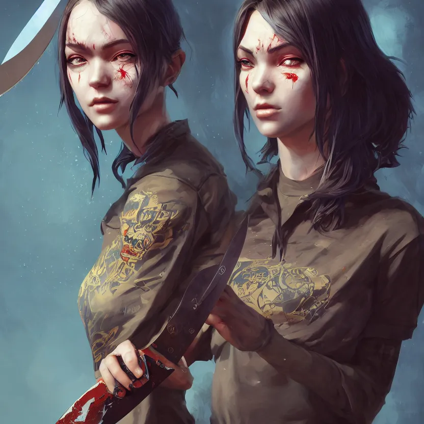 Image similar to full atomic scan face shot of a beautiful warlord girl, in tshirt with her buck knife ready, her morbid interests, irish, by saruei and guweiz and ilya kuvshinov and george miller, digital art, highly detailed, intricate, sharp focus, trending on artstation hq, deviantart, pinterest, unreal engine 5, 4 k uhd image